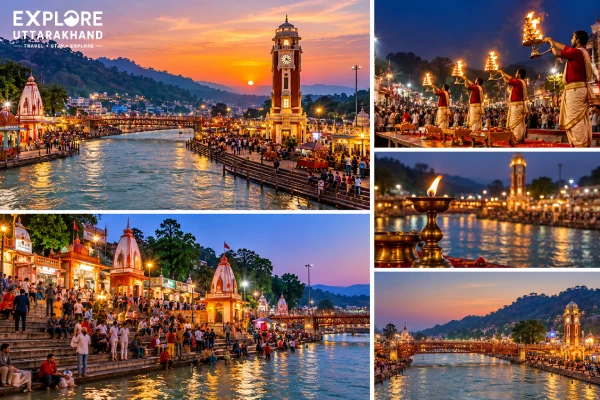 Har Ki Pauri Haridwar during evening Ganga Aarti with illuminated ghats and Ganga River