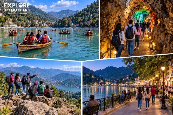 Nainital group boating on Naini Lake, Eco Cave Gardens, Tiffin Top trek and Mall Road lakefront walk