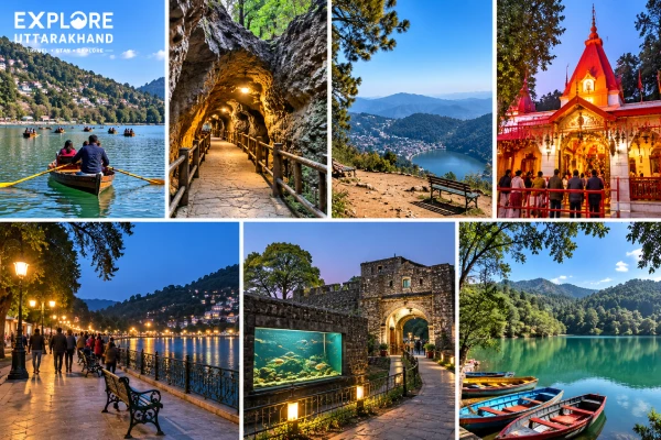 Nainital tourist places including Naini Lake, Eco Cave Gardens, Tiffin Top and Naina Devi Temple