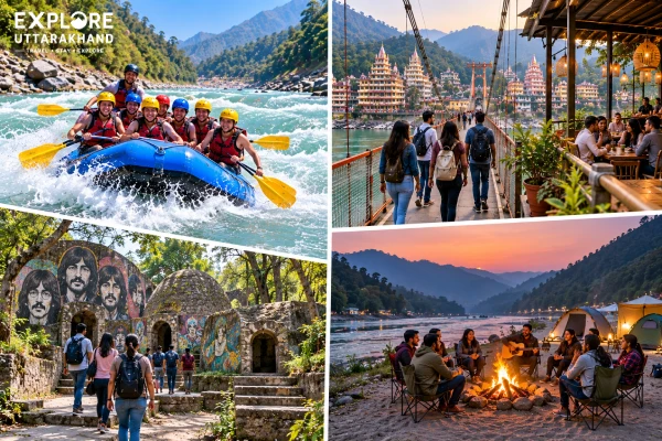 Rishikesh white-water rafting, Ram Jhula walking, Beatles Ashram visit and riverside camping with bonfire